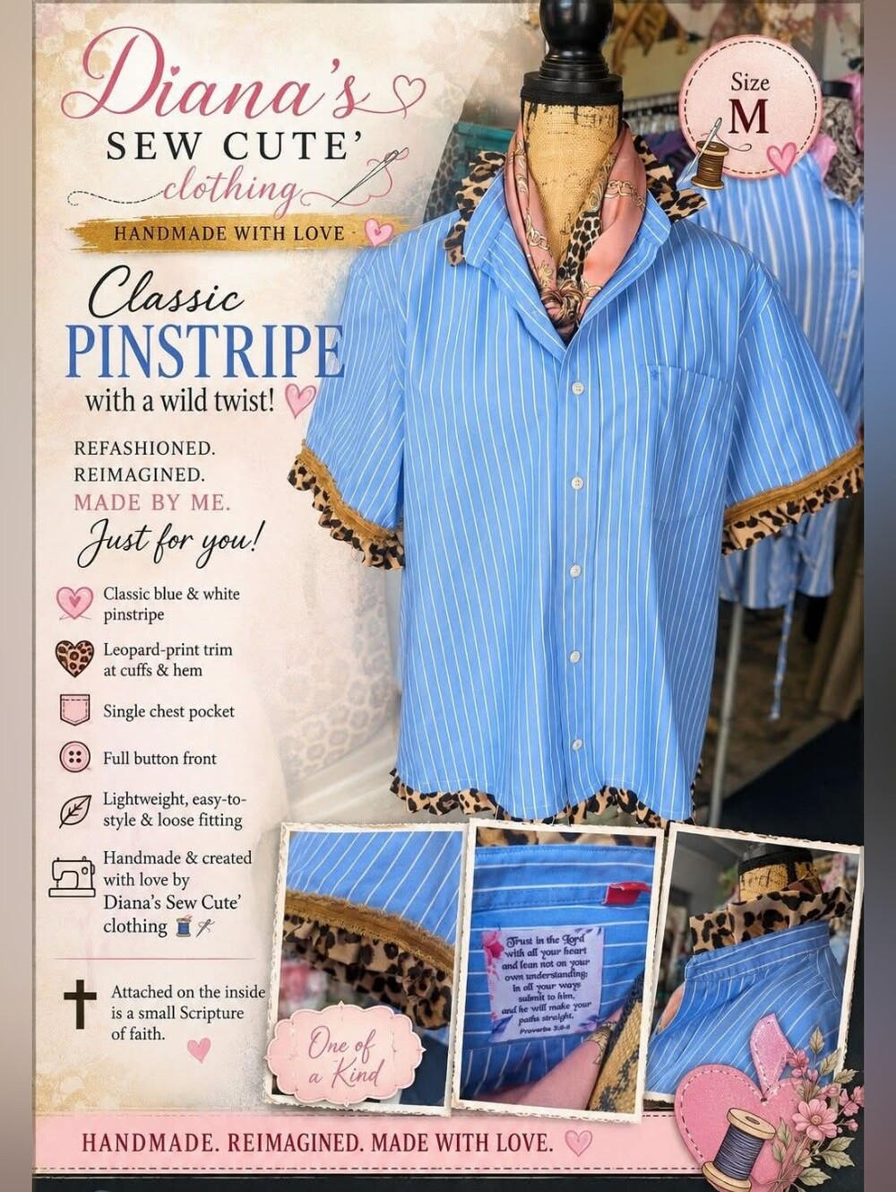 Women's Blue and White Pinstripe Short-Sleeve Button-Down with Leopard Trim